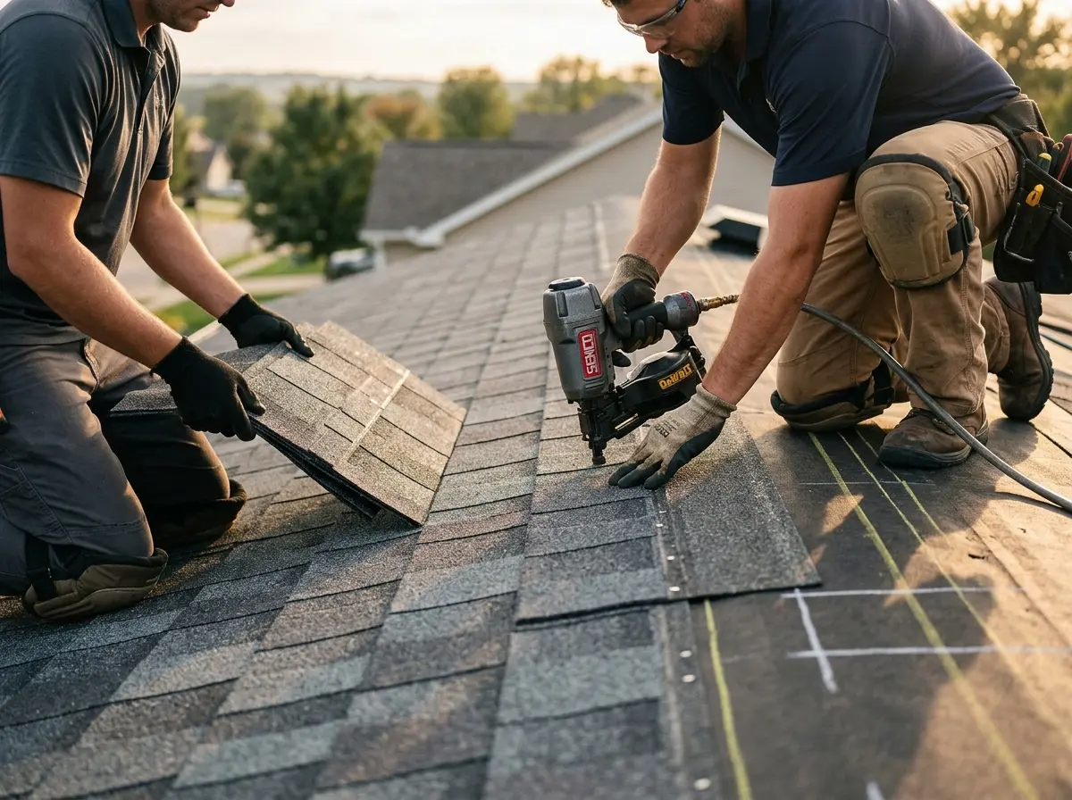 Professional roofer working on a residential roof in Rye Brook